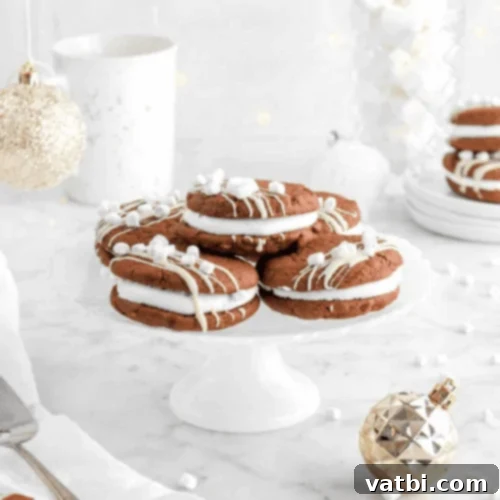 Marshmallow Fluff Delights 23 Hot Cocoa Sandwich Cookies with a fluffy marshmallow fluff filling.
