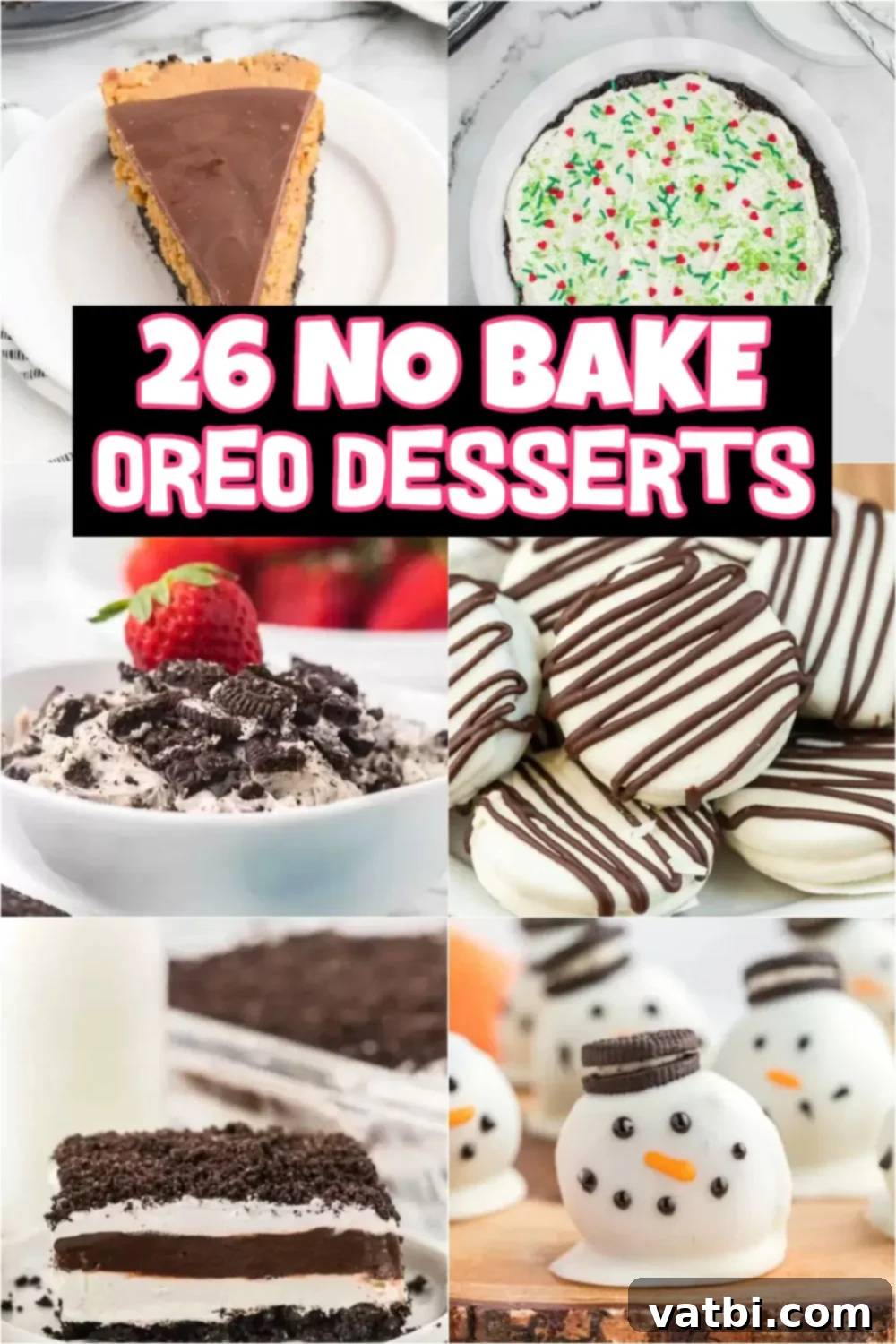 A vibrant selection of various No-Bake Oreo Desserts, showcasing their delicious appeal and ease of preparation. From creamy pies to bite-sized truffles, these recipes require minimal ingredients and are packed with classic Oreo flavor, making them ideal quick and easy desserts for any occasion. #dessertsonadime #nobakeoreodesserts #oreodesserts