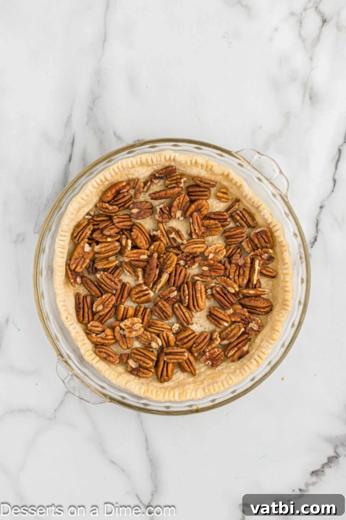 Paula Deen's Southern Pecan Delight 4 Pecan halves are carefully layered across the bottom of a raw pie crust, ready for the filling.