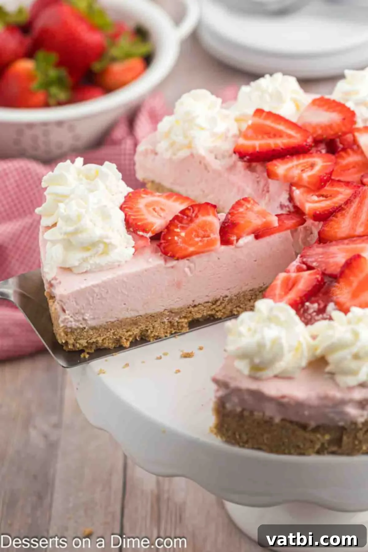 Easy No-Bake Strawberry Cheesecake 2 A beautifully presented No Bake Strawberry Cheesecake topped with fresh sliced strawberries and a dollop of whipped cream, resting on a elegant cake stand. A single slice is shown on a spatula, ready to be served and enjoyed, highlighting its creamy texture.