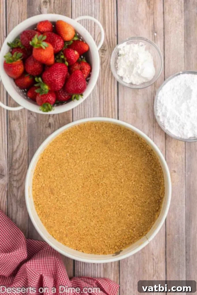 Easy No-Bake Strawberry Cheesecake 4 Finely crushed graham cracker crumbs and melted butter expertly pressed into the base of a 9-inch springform pan, creating a solid and even crust, ready for chilling.