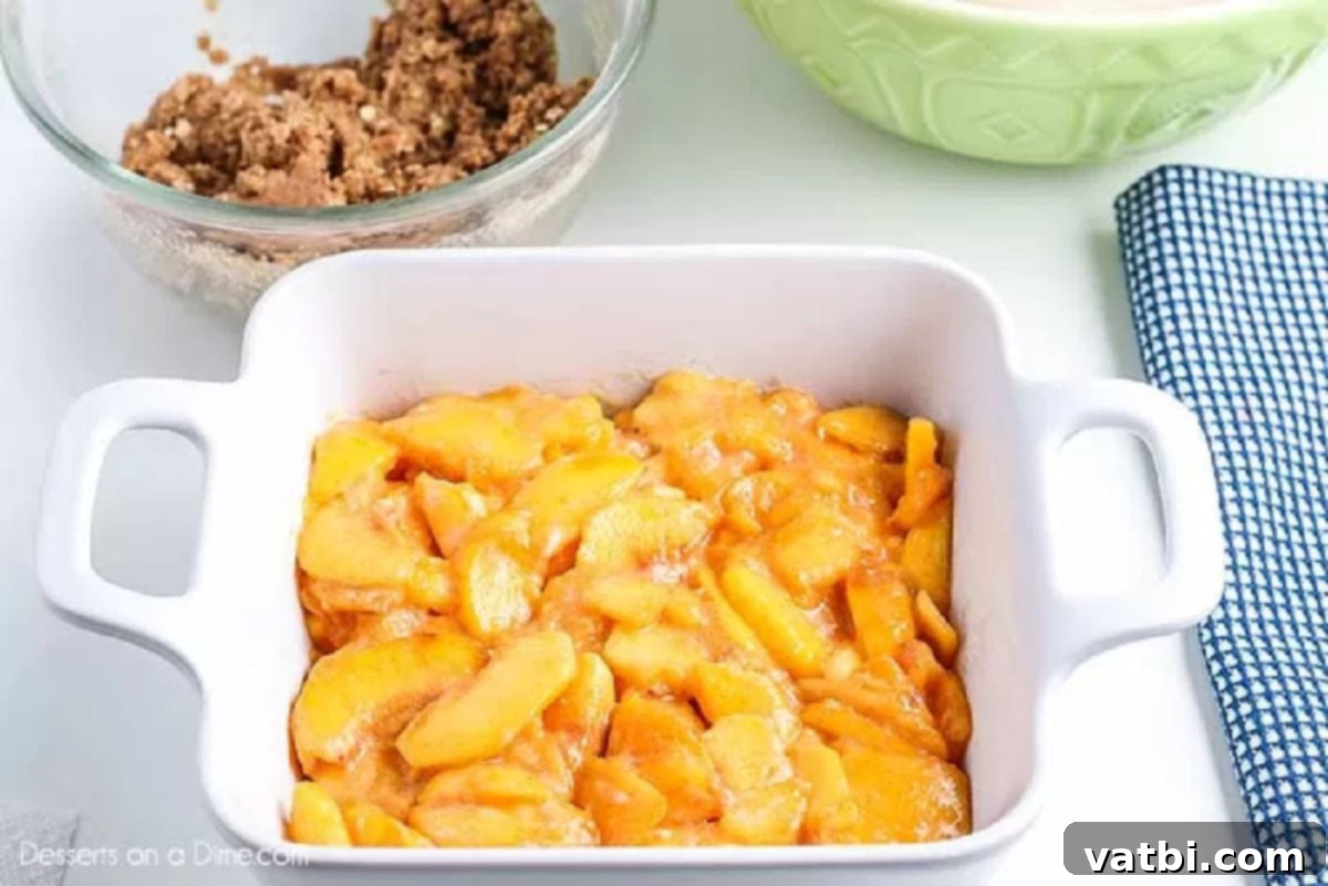 Irresistible Peach Crisp 4 Drained peaches mixed with flour, vanilla, salt, and cinnamon in a baking dish, ready for topping.