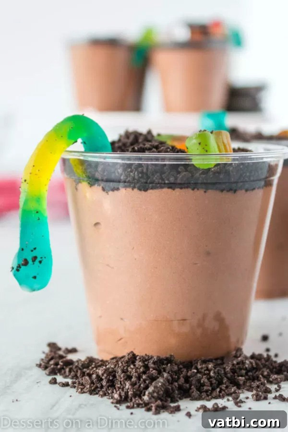 Kids will go crazy over this easy dirt cups recipe. Layers of pudding and oreo cookies topped with gummy worms make an easy treat for kids. Learn how to make individual oreo dirt cup recipe for the best oreo recipe. #dessertonadime #dirtcupsrecipe #halloween #puddings #oreodirtcup A close-up of a perfectly layered dirt cup with multiple gummy worms emerging from the crushed Oreo topping.