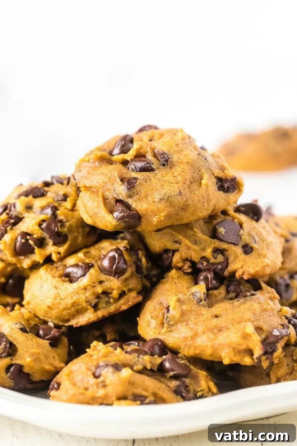 Fall means baking and this Pumpkin chocolate chip cookies recipe is amazing. They are so easy and each bite is packed with the best pumpkin flavor and chocolate chips. Chocolate chip pumpkin cookies recipes are soft, moist and simple! #dessertonadime #pumpkinchocolatechipcookies #recipesforpumpkinchocolatechipcookies Platter of perfectly baked, soft and chewy Pumpkin Chocolate Chip Cookies, garnished with extra chocolate chips.