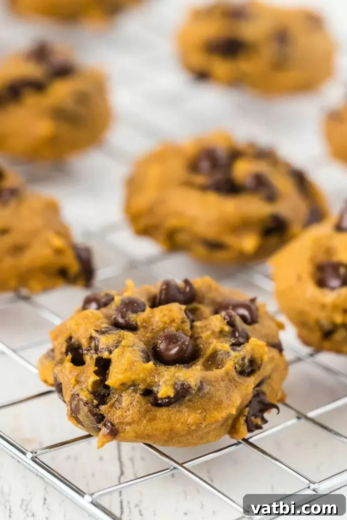 Fall means baking and this Pumpkin chocolate chip cookies recipe is amazing. They are so easy and each bite is packed with the best pumpkin flavor and chocolate chips. Chocolate chip pumpkin cookies recipes are soft, moist and simple! #dessertonadime #pumpkinchocolatechipcookies #recipesforpumpkinchocolatechipcookies Warm Pumpkin Chocolate Chip Cookies cooling on a wire rack after baking.