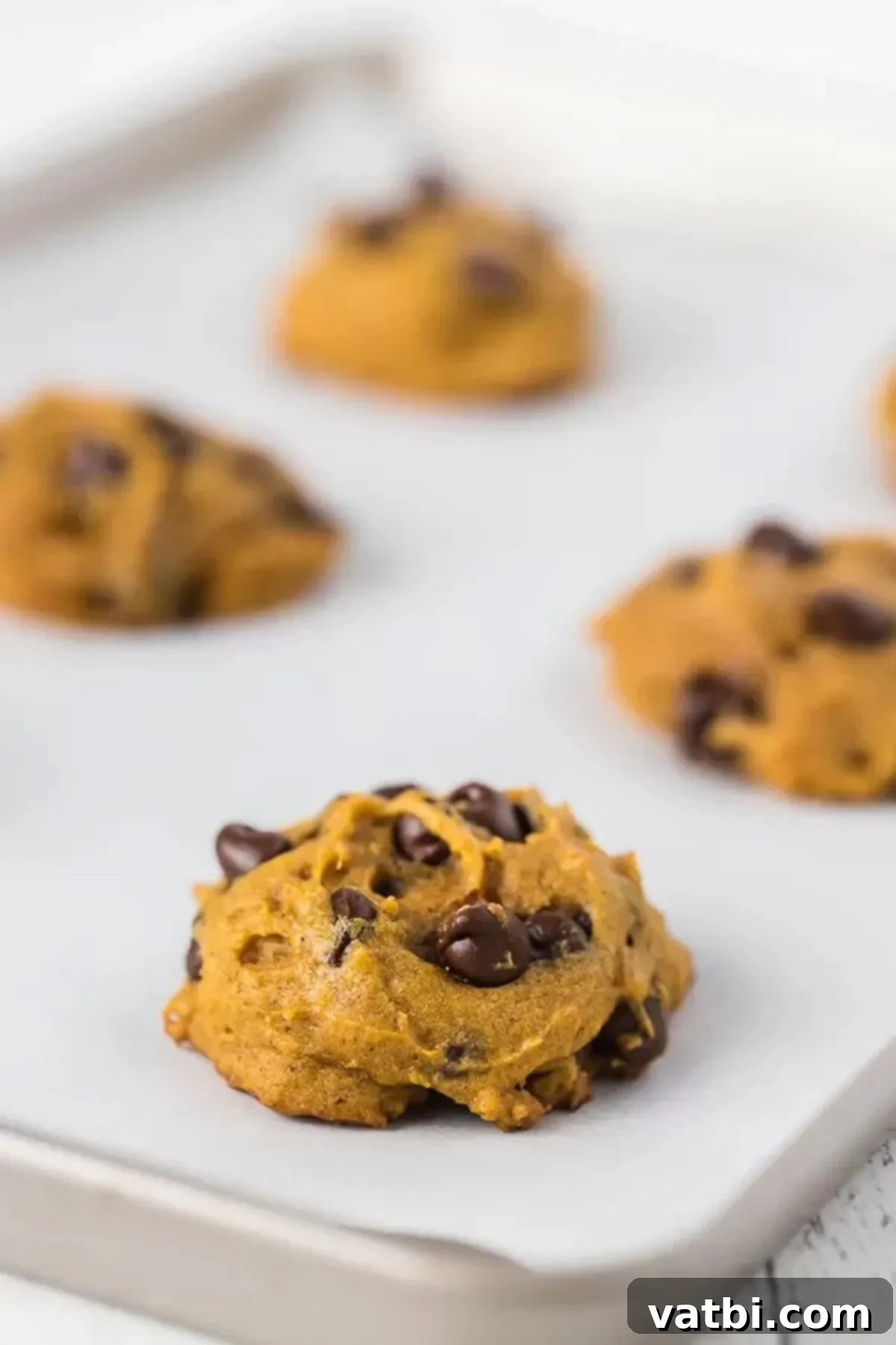 Fall means baking and this Pumpkin chocolate chip cookies recipe is amazing. They are so easy and each bite is packed with the best pumpkin flavor and chocolate chips. Chocolate chip pumpkin cookies recipes are soft, moist and simple! #dessertonadime #pumpkinchocolatechipcookies #recipesforpumpkinchocolatechipcookies A freshly baked batch of Pumpkin Chocolate Chip Cookies, golden brown and ready to be enjoyed.