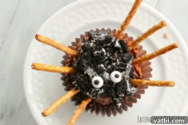 A cupcake with pretzels and a spider on top.