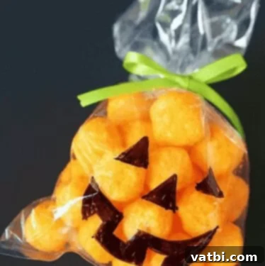 A bag of cheese balls with a jack o lantern face.