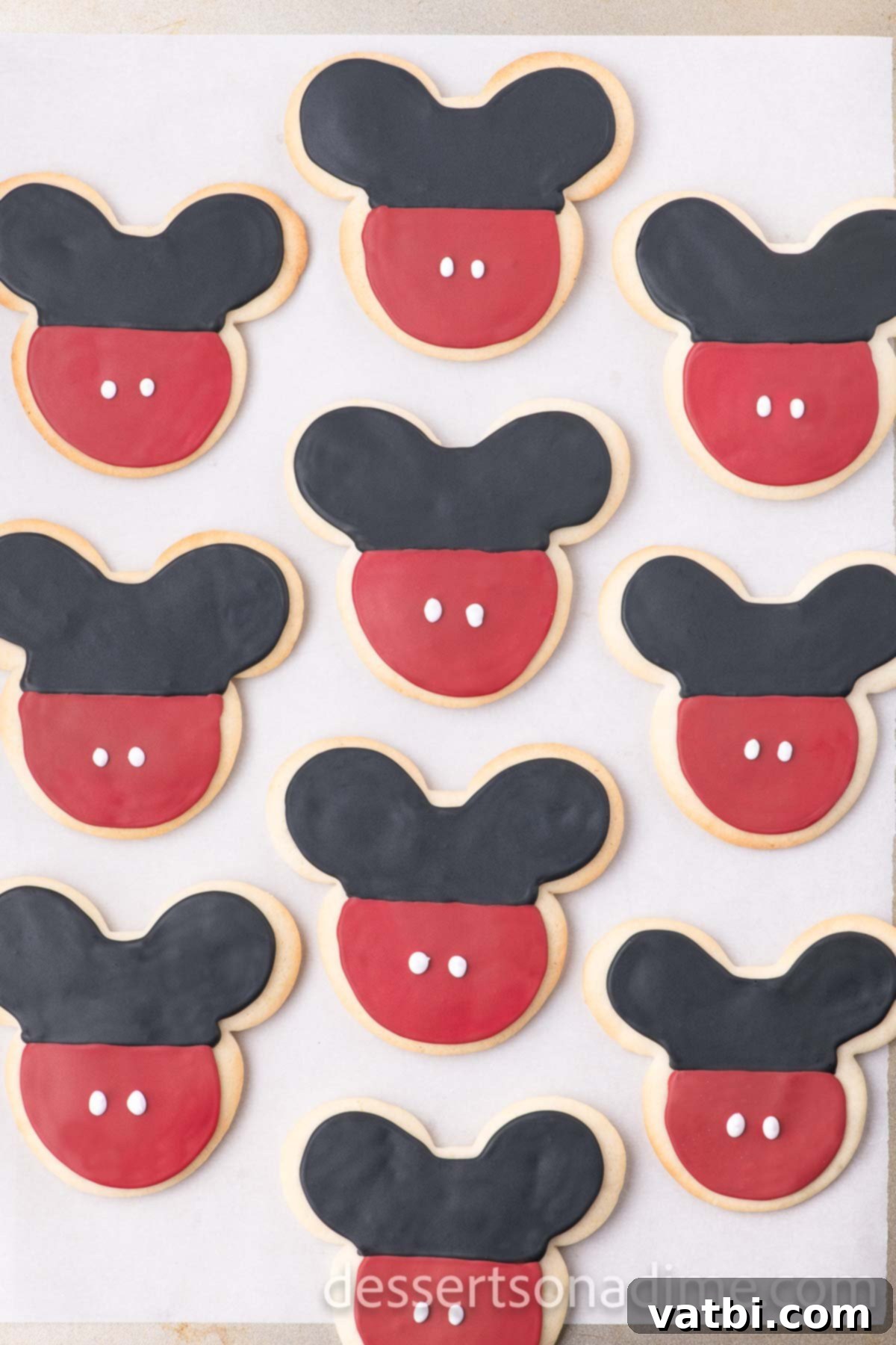 Magical Mickey Bakes 14 Mickey Mouse cookies on a baking sheet, with the first layer of black and red icing set.