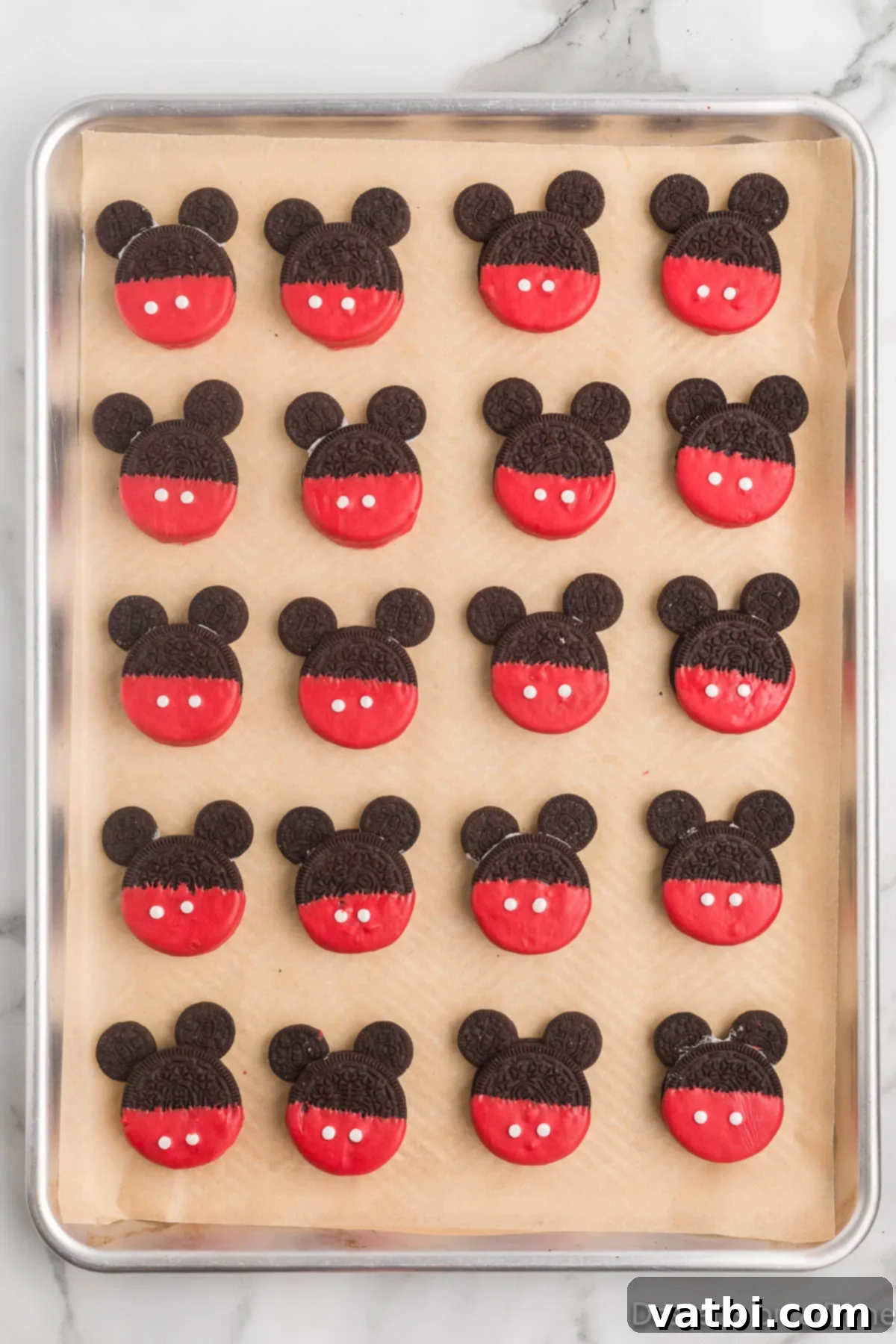 Disney Mickey Mouse Oreo Treats 9 Cookies on baking sheet ready to set.