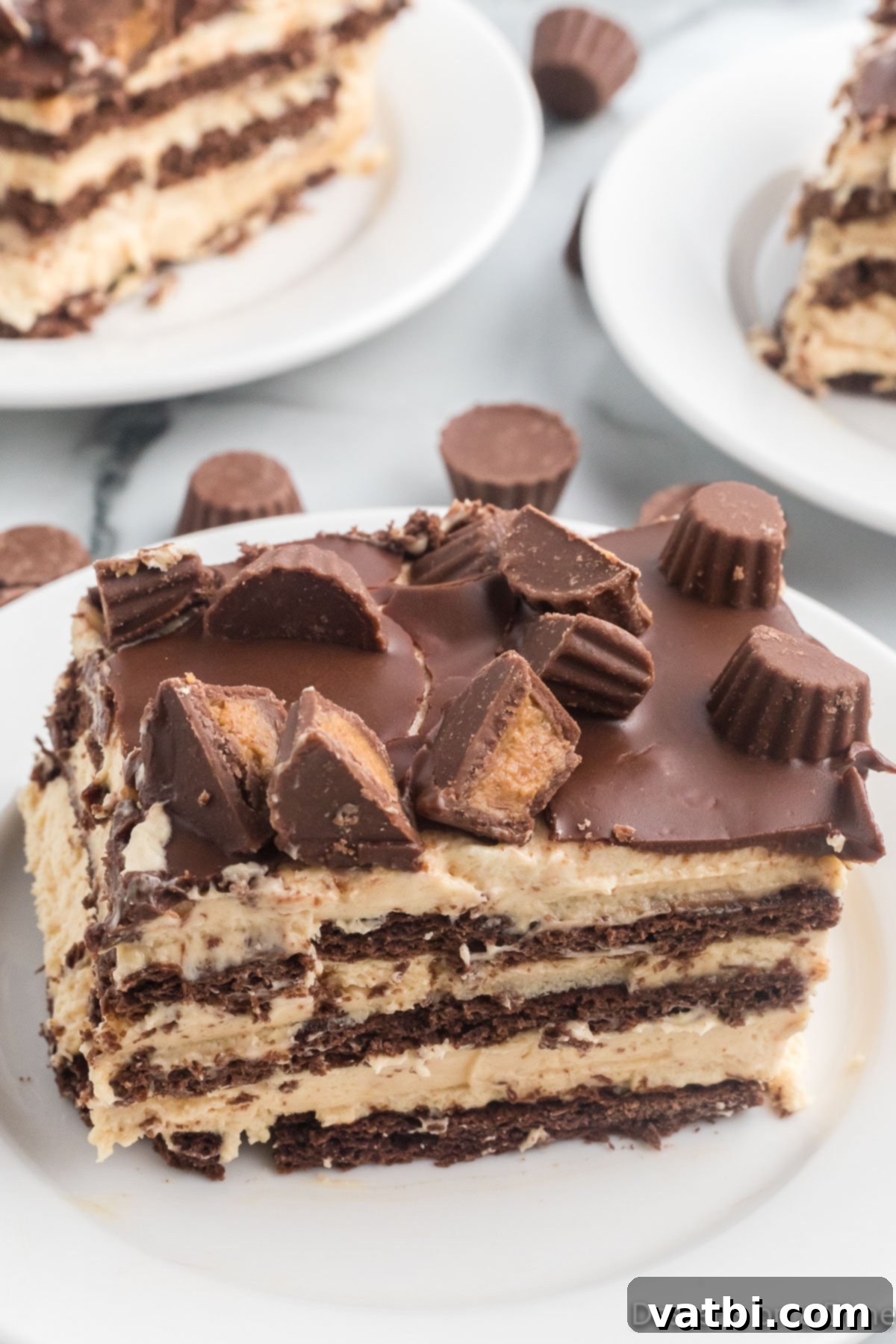 No-Bake Peanut Butter Bliss 2 A perfectly sliced piece of Peanut Butter Icebox Cake on a white plate, revealing its distinct layers.
