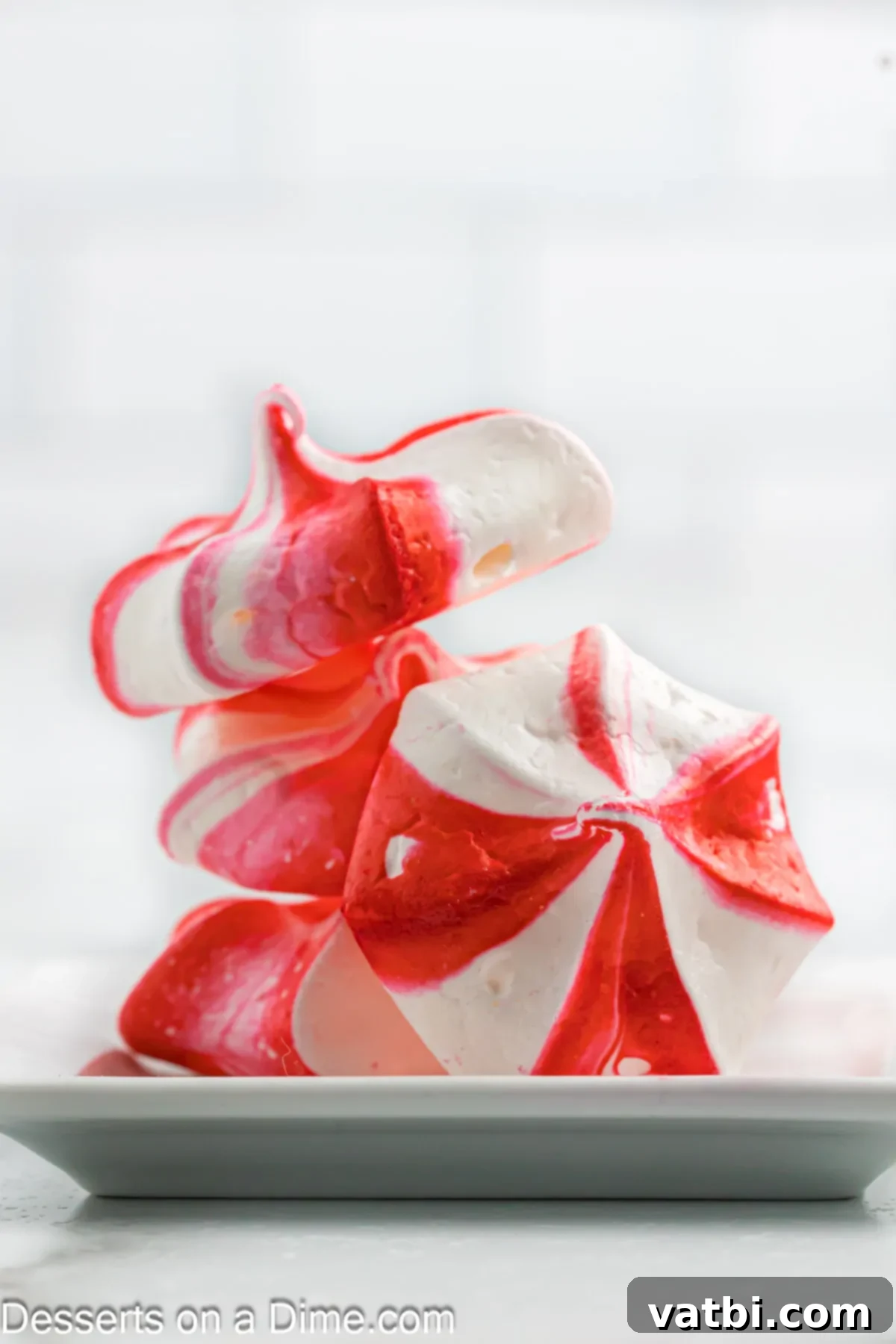 Crisp Peppermint Dream 2 Festive peppermint meringue cookies with red and white stripes stacked on a holiday platter, ready to be served.
