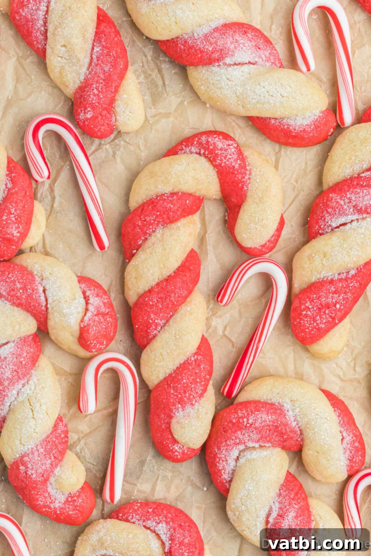 Twisted Peppermint Delights 2 Candy Cane Cookies arranged together around candy canes.