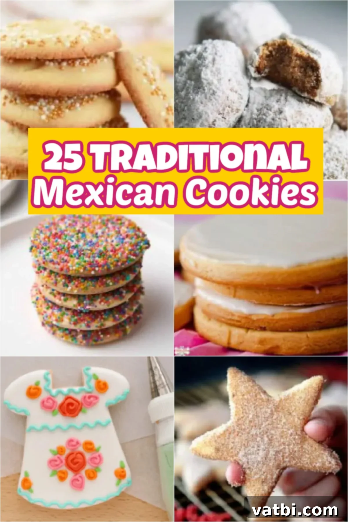 A vibrant collection of 25 traditional Mexican cookies, including wedding cookies, cinnamon cookies, and other authentic sweet treats, beautifully arranged for a party or special occasion. Perfect for baking at home!