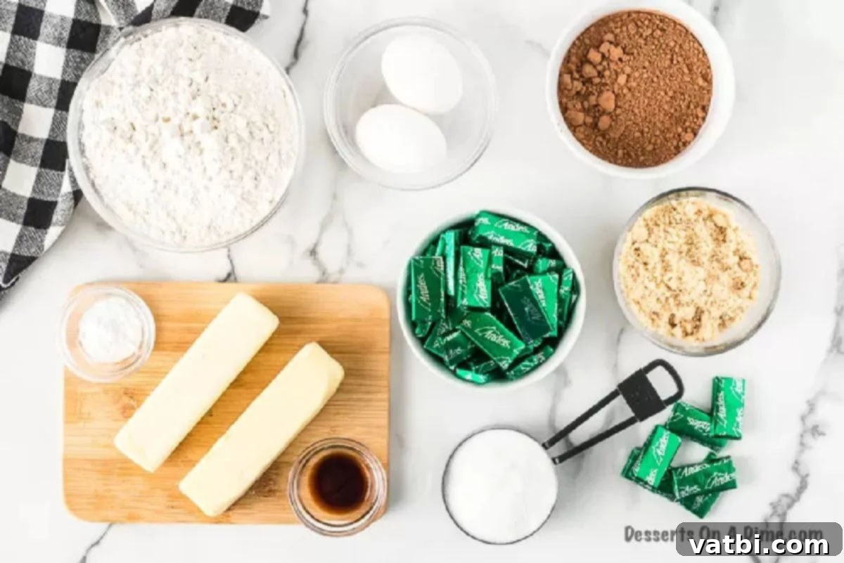 Ingredients needed - butter, sugar, brown sugar, eggs, vanilla, flour, cocoa powder, baking soda, salt, andes candy