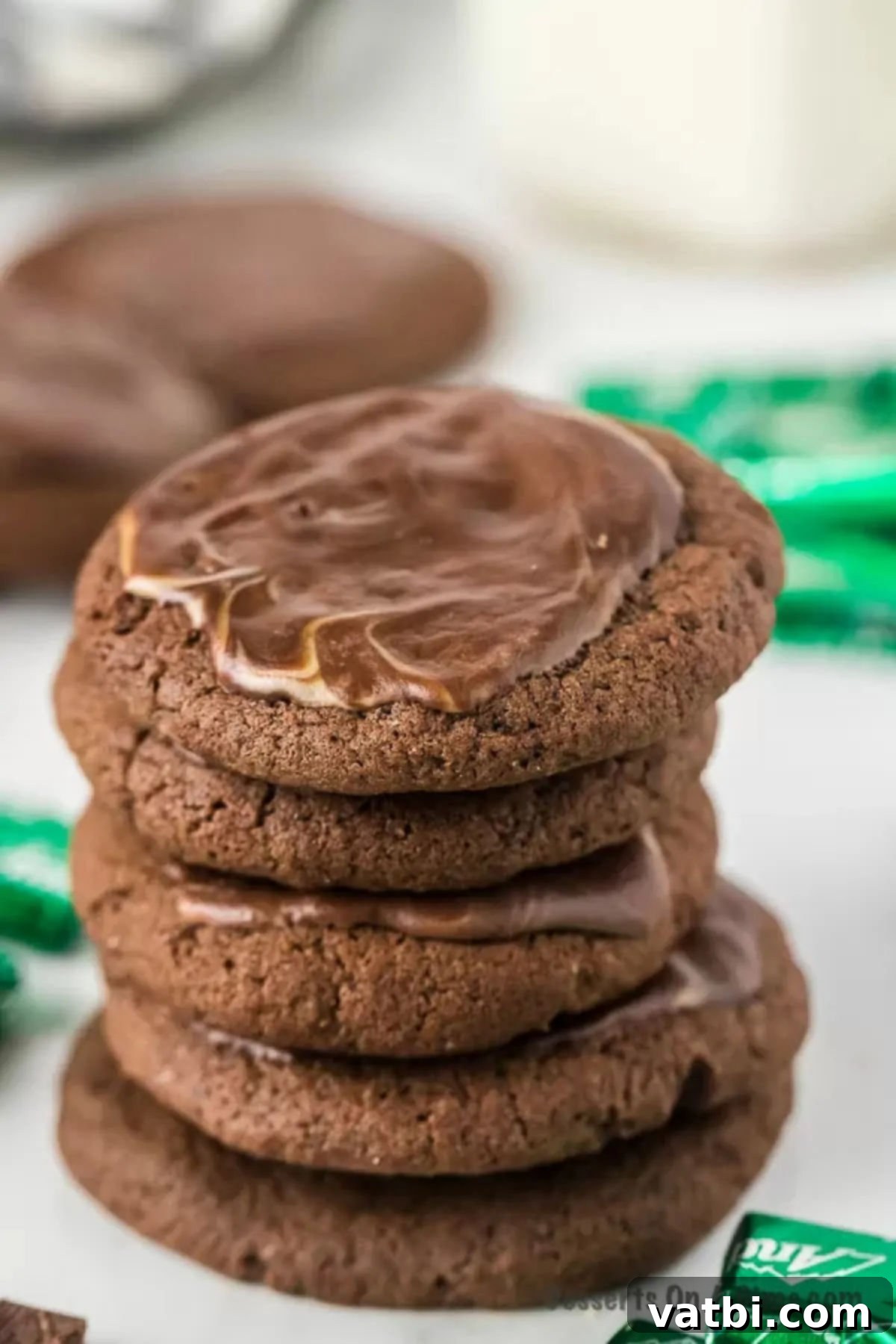 Chocolate Andes Mint Cookies Stacked together. 