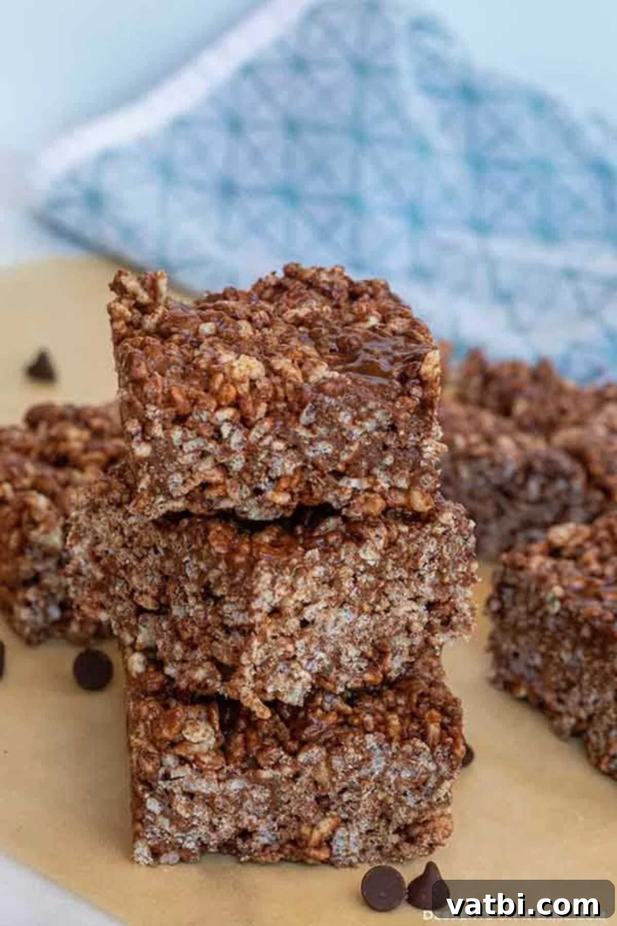 Jazz up classic rice krispie treats with this tasty recipe for chocolate rice krispie treats. This simple and easy recipe is packed with tons of chocolate. Make chocolate rice krispies squares with cocoa for a decadent treat. #dessertonadime #chocolatericekrispietreats A stack of three gooey Chocolate Rice Krispie Treats, showing their texture and rich color, ready to be enjoyed.