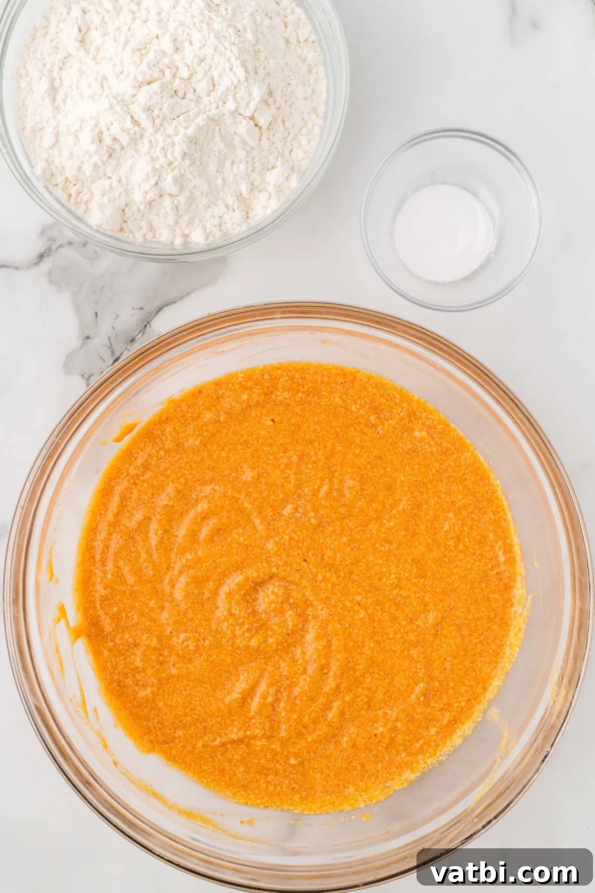 Golden Spiced Pumpkin Bundt 6 Mixing bowl with pumpkin mixture combined.