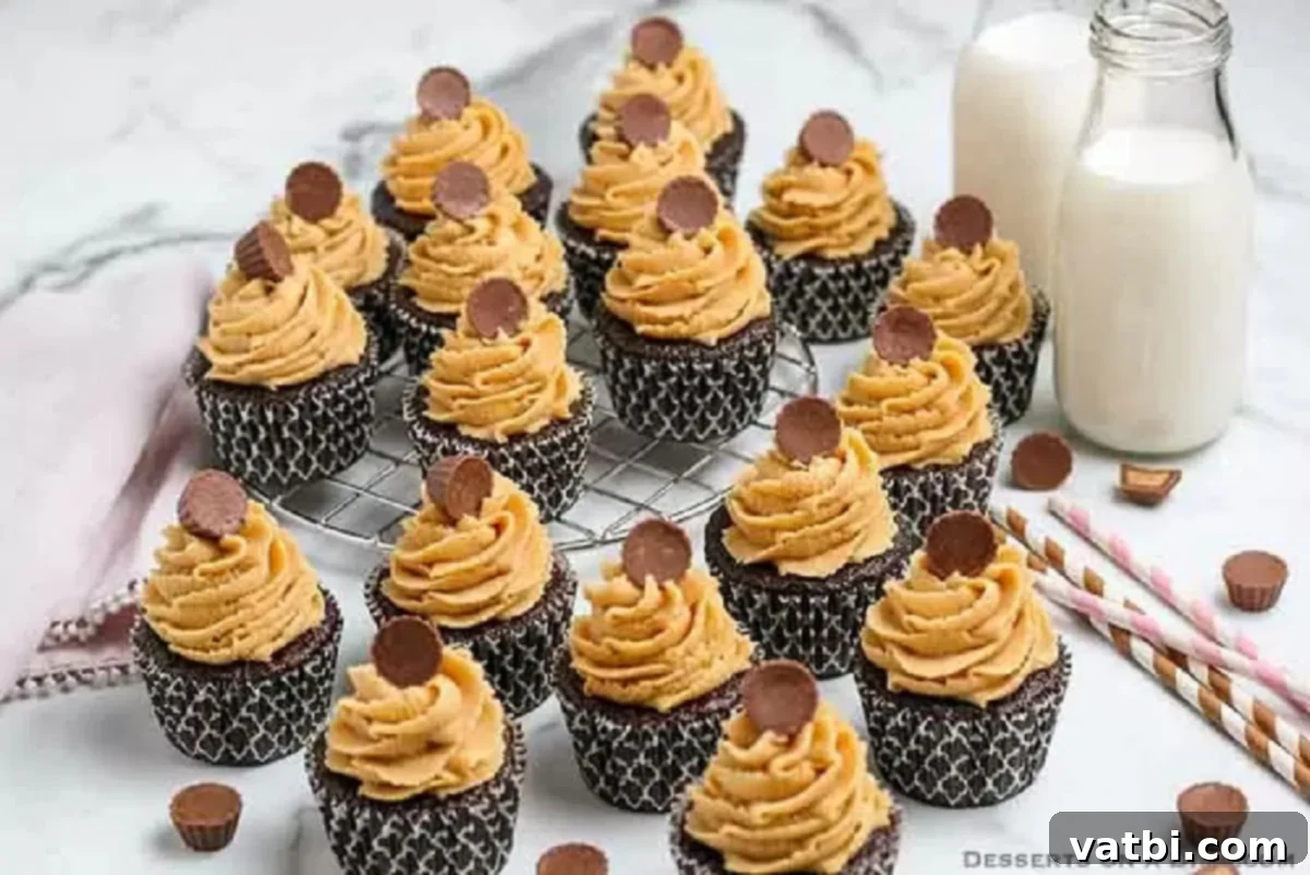 Decadent Chocolate Peanut Butter Cupcakes 5 Frosting on the cupcakes ready to enjoy.