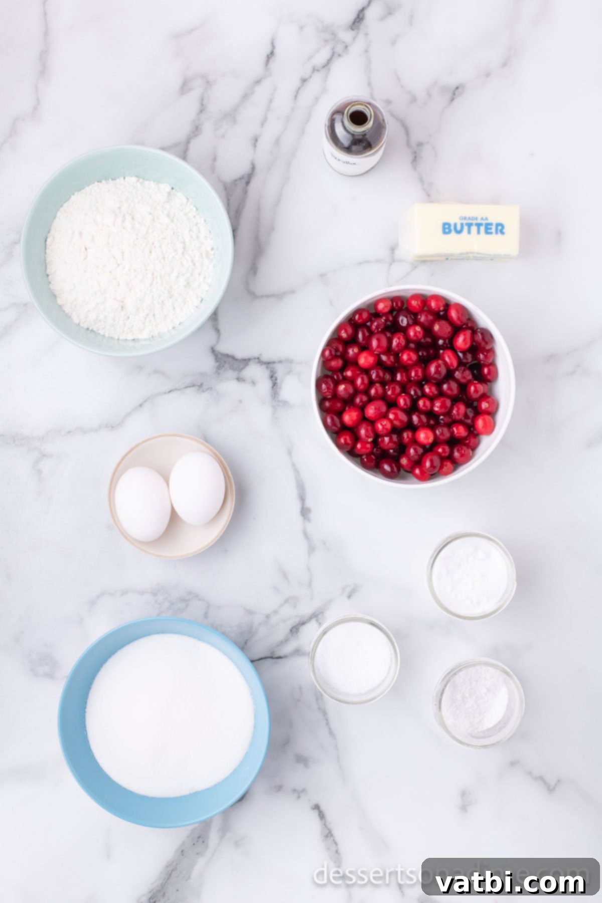 Ingredients for cranberry bread laid out, including fresh cranberries, eggs, sugar, vanilla, and baking soda.