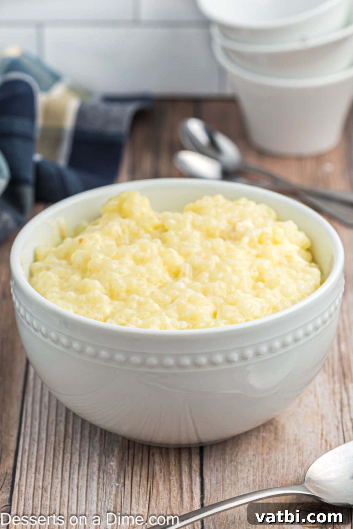 Creamy Tapioca Pudding 2 Tapioca Pudding in a white bowl. A classic, creamy dessert ready to be enjoyed.