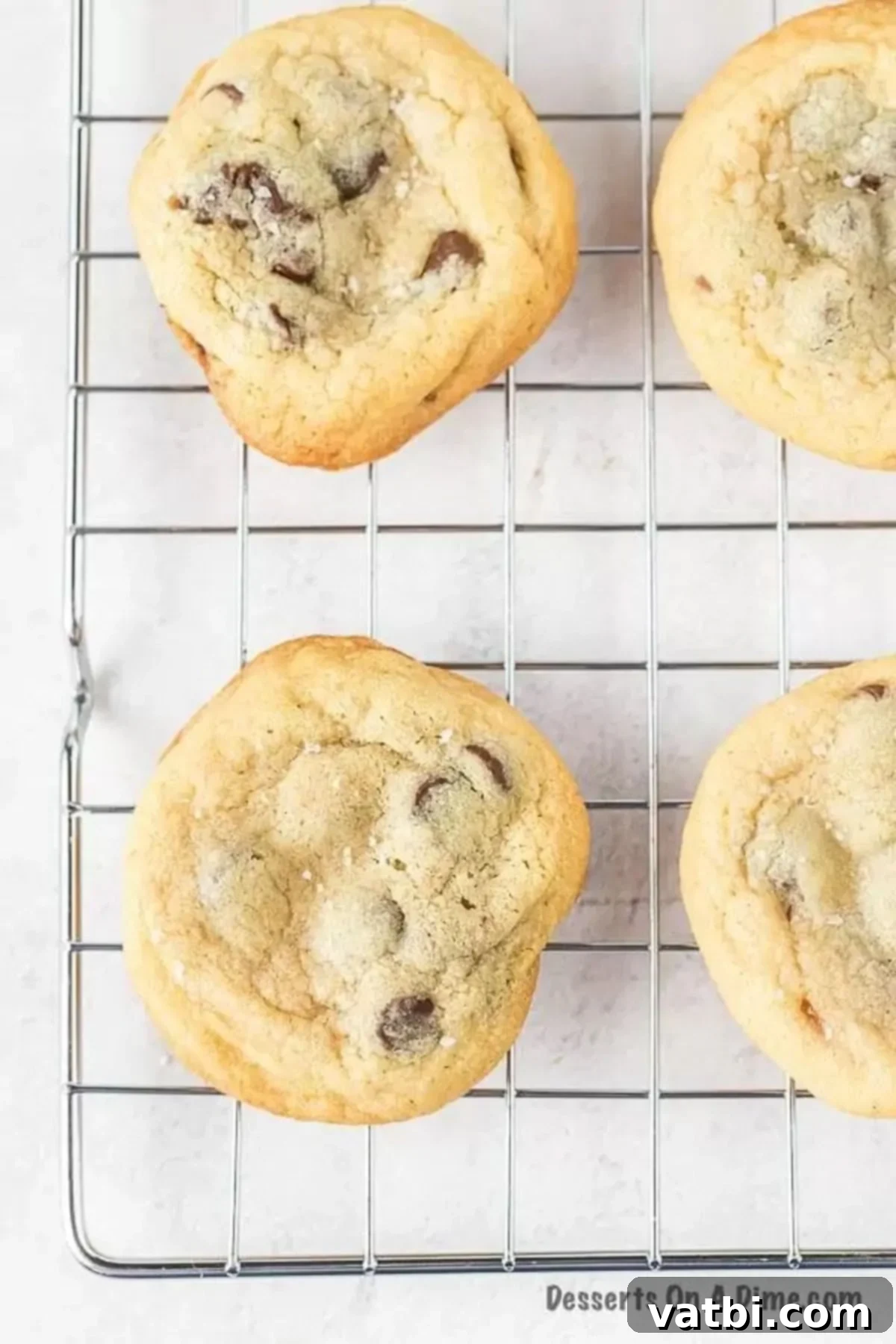 Warm Salted Caramel Chocolate Chip Cookies cooling on a wire rack, showcasing their perfectly golden brown edges, soft centers, and visible melted chocolate and caramel.