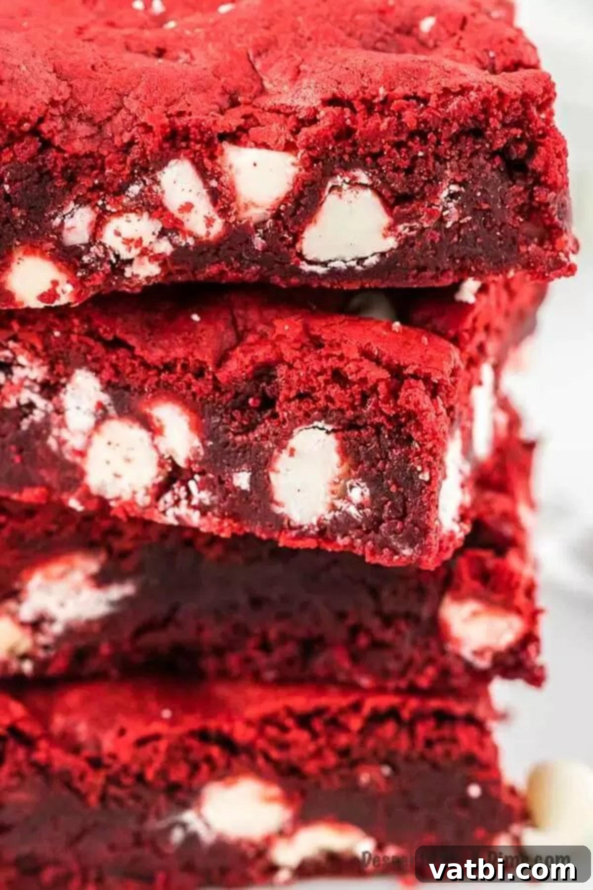 The secret to these easy Red velvet brownies is a cake mix. Each bite is decadent and loaded with white chocolate chips. Give it a try! Close up of beautifully stacked Red Velvet Brownies with visible white chocolate chips.