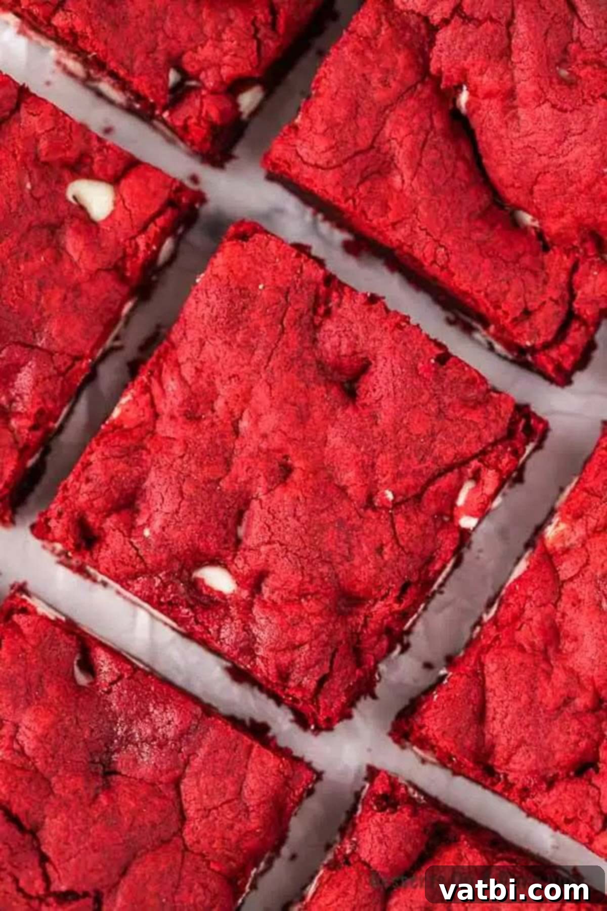 The secret to these easy Red velvet brownies is a cake mix. Each bite is decadent and loaded with white chocolate chips. Give it a try! Perfectly baked Red Velvet Brownies arranged on wax paper, showcasing their rich color and texture.