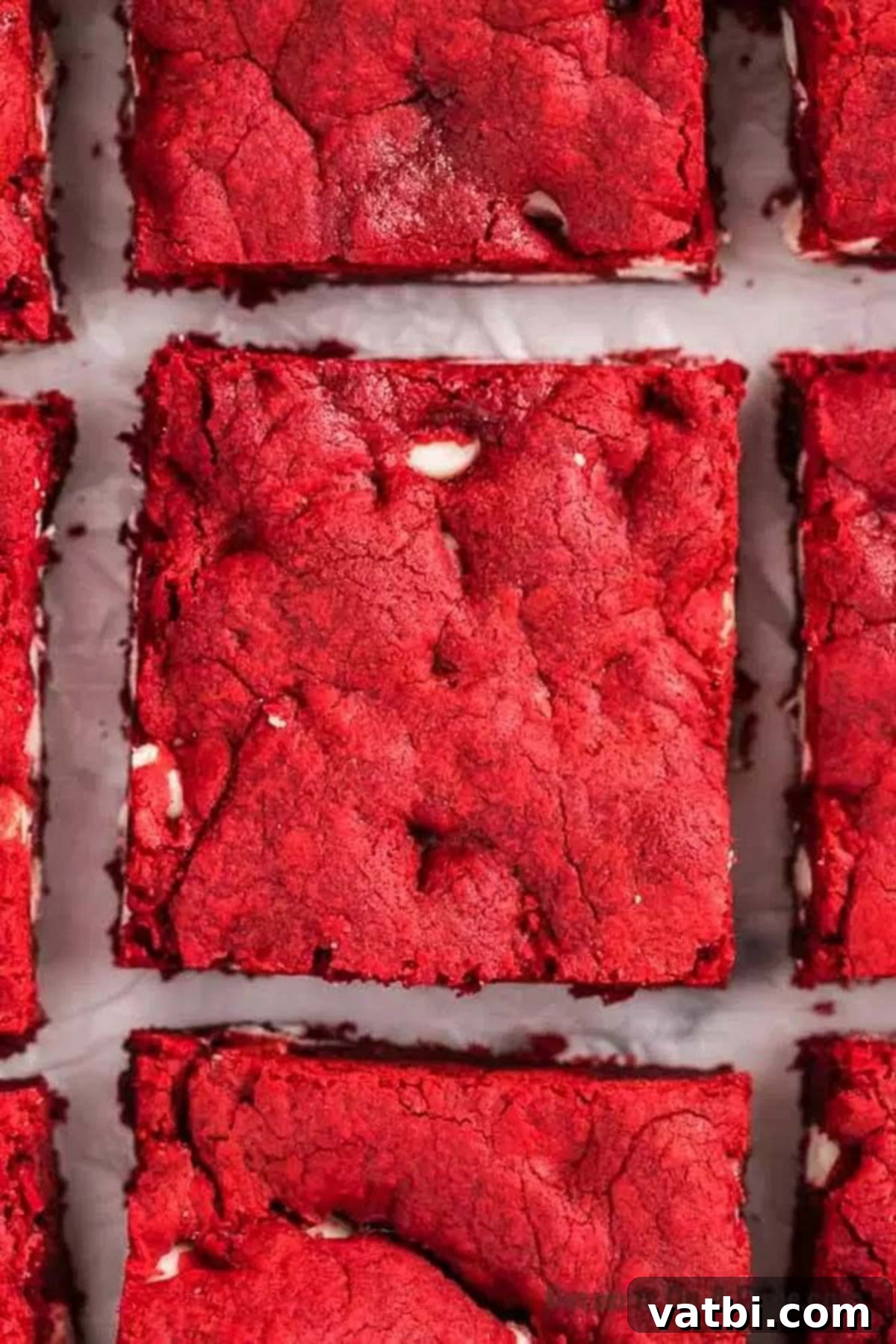 The secret to these easy Red velvet brownies is a cake mix. Each bite is decadent and loaded with white chocolate chips. Give it a try! Close up of a single Red Velvet Brownie with melted white chocolate chips, showcasing its rich texture.