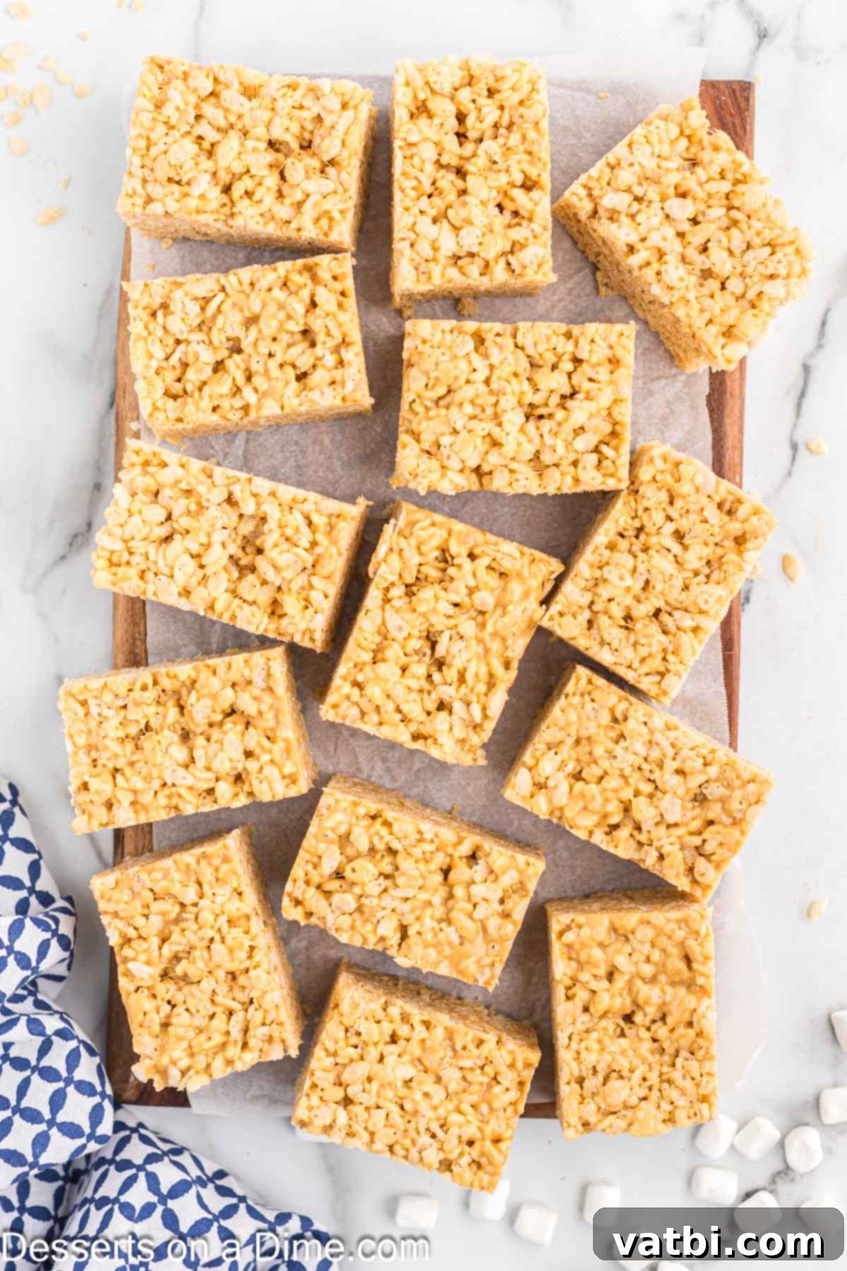 Chewy Peanut Butter Rice Krispie Treats 7 Cooled Peanut Butter Rice Krispie Treats sliced into individual bars.