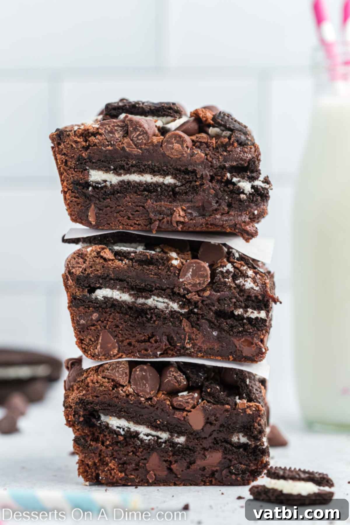 Jazz up plain brownies with Oreo cookies in this homemade Oreo brownies recipe. This delicious combination is a dream for Oreo fans and so simple. Oreo brownies recipe is one of the best oreo desserts. #dessertonadime #oreobrownies #fudge #dessertrecipes A towering stack of perfectly baked, fudgy Oreo Brownies, showcasing their rich chocolate color and visible cookie pieces.