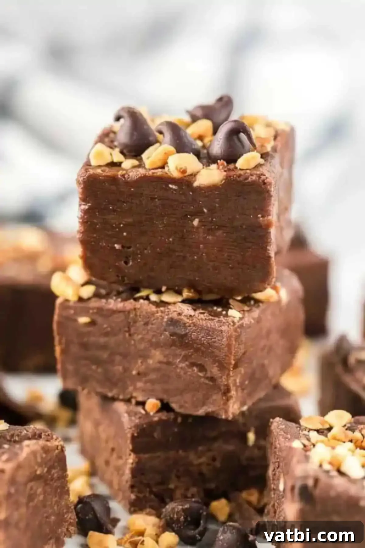 Stacked squares of homemade Chocolate Peanut Butter Fudge, showcasing its creamy texture and delicious layers.