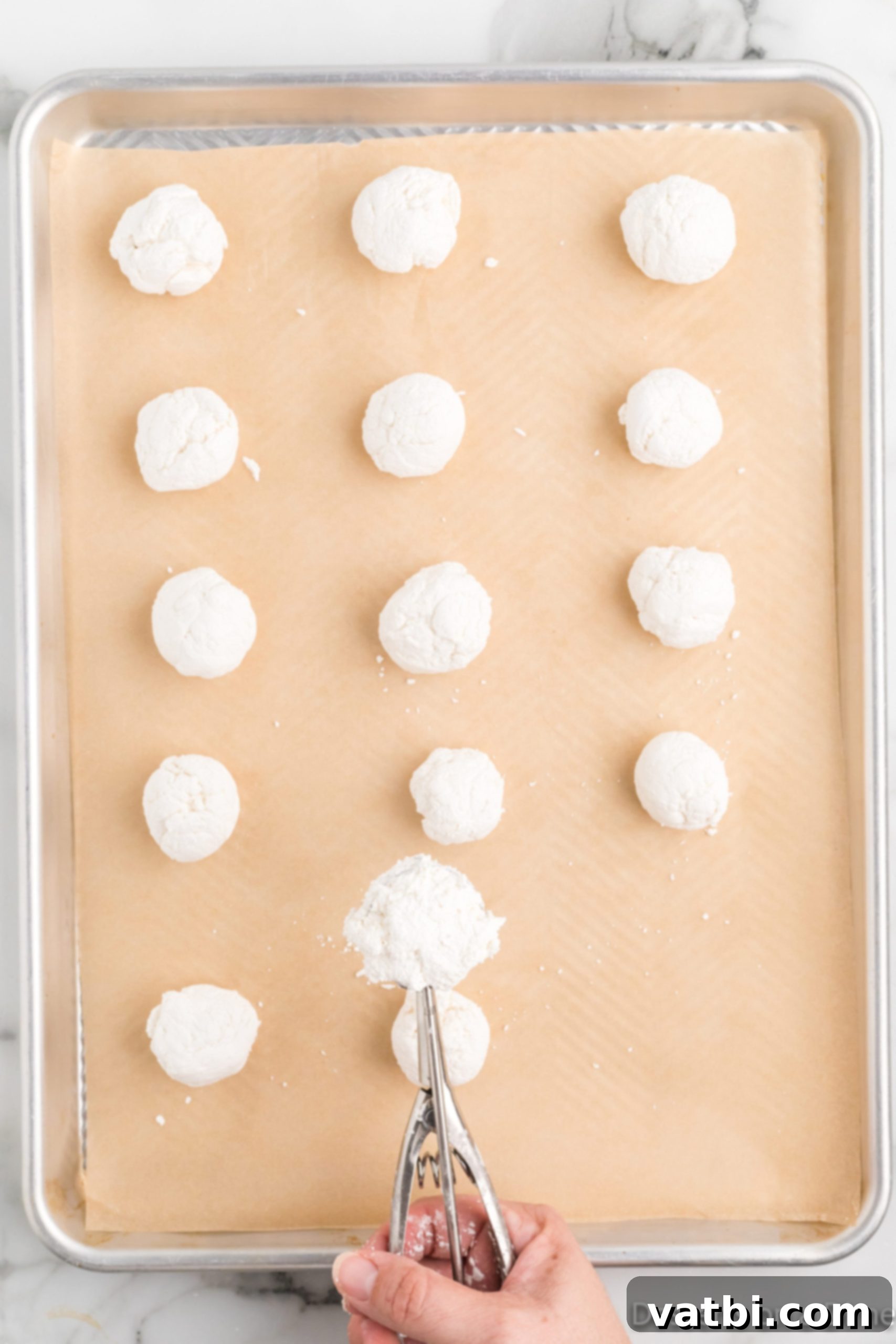 Grandma's Divinity Candy Recipe 6 Scoops of divinity candy dropped onto a parchment-lined baking sheet.