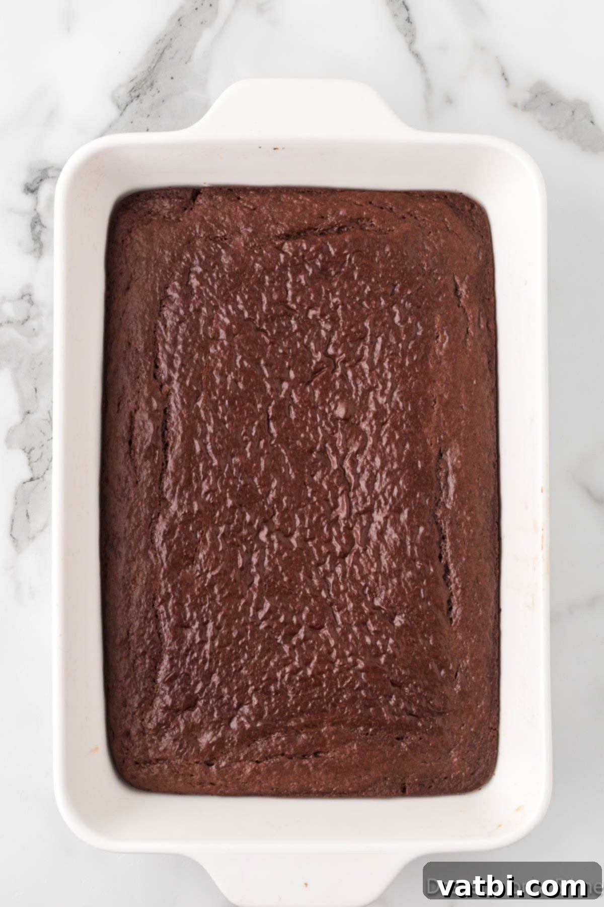 Liquid Gold Chocolate Poke Cake 4 Cake baked and cooling in pan.