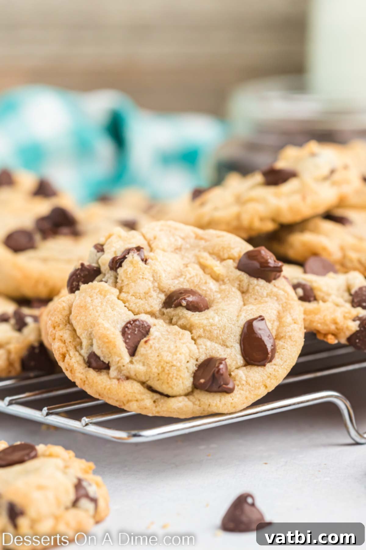 Discover the absolute best easy chocolate chip cookies recipe for soft and chewy bakery-style homemade treats. Each bite is soft, fluffy, and incredibly gooey, perfect for any occasion. Learn how to make this simple yet perfect dessert today. #dessertonadime #CHOCOLATECHIPCOOKIES #chocolatechipcookiesrecipeeasy #chocolatechipcookiesrecipechewy #HOMEMADE #SOFTCHEWY Freshly baked soft and chewy chocolate chip cookies stacked on a wire rack, glistening with melted chocolate chips
