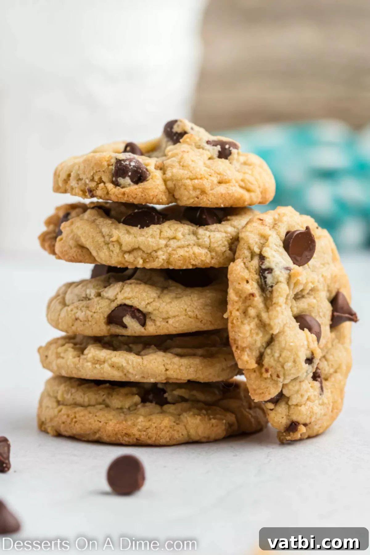 Step 8: Serving a delicious batch of homemade soft and chewy chocolate chip cookies, ready to be enjoyed. A stack of perfectly baked, golden-brown chocolate chip cookies with visible melted chocolate