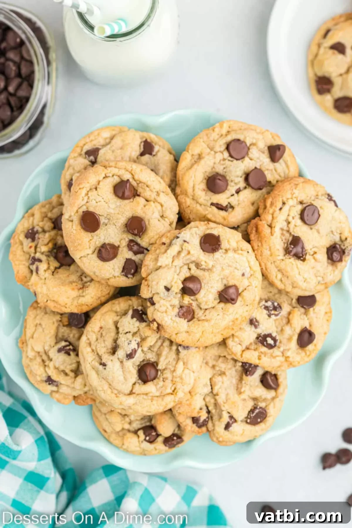 A lovely platter showcasing the best homemade soft and chewy chocolate chip cookies, perfect for any gathering or treat. #dessertonadime #CHOCOLATECHIPCOOKIES #chocolatechipcookiesrecipeeasy #chocolatechipcookiesrecipechewy #HOMEMADE #SOFTCHEWY A beautiful platter filled with a generous stack of golden chocolate chip cookies, ready to be served