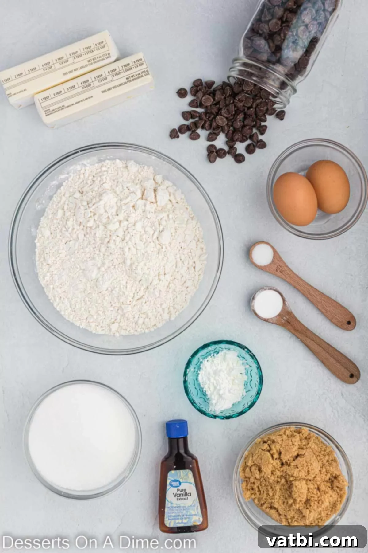 A comprehensive list of ingredients for the best easy homemade chocolate chip cookies, including butter, sugars, eggs, vanilla, flour, cornstarch, baking soda, salt, and chocolate chips, ensuring a soft, chewy, and delicious outcome. #dessertonadime #CHOCOLATECHIPCOOKIES #chocolatechipcookiesrecipeeasy #chocolatechipcookiesrecipechewy #HOMEMADE #SOFTCHEWY Ingredients needed for soft and chewy chocolate chip cookies: unsalted butter, granulated sugar, brown sugar, eggs, vanilla extract, all-purpose flour, cornstarch, baking soda, salt, and semi-sweet chocolate chips
