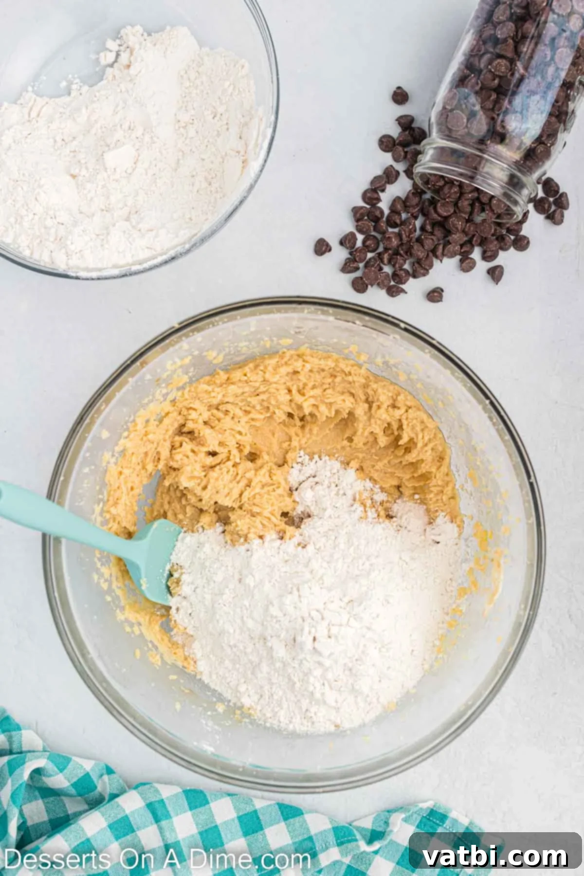 Effortless Chocolate Chip Perfection 2 Wet and dry ingredients partially mixed together in a large bowl, showing a shaggy cookie dough texture