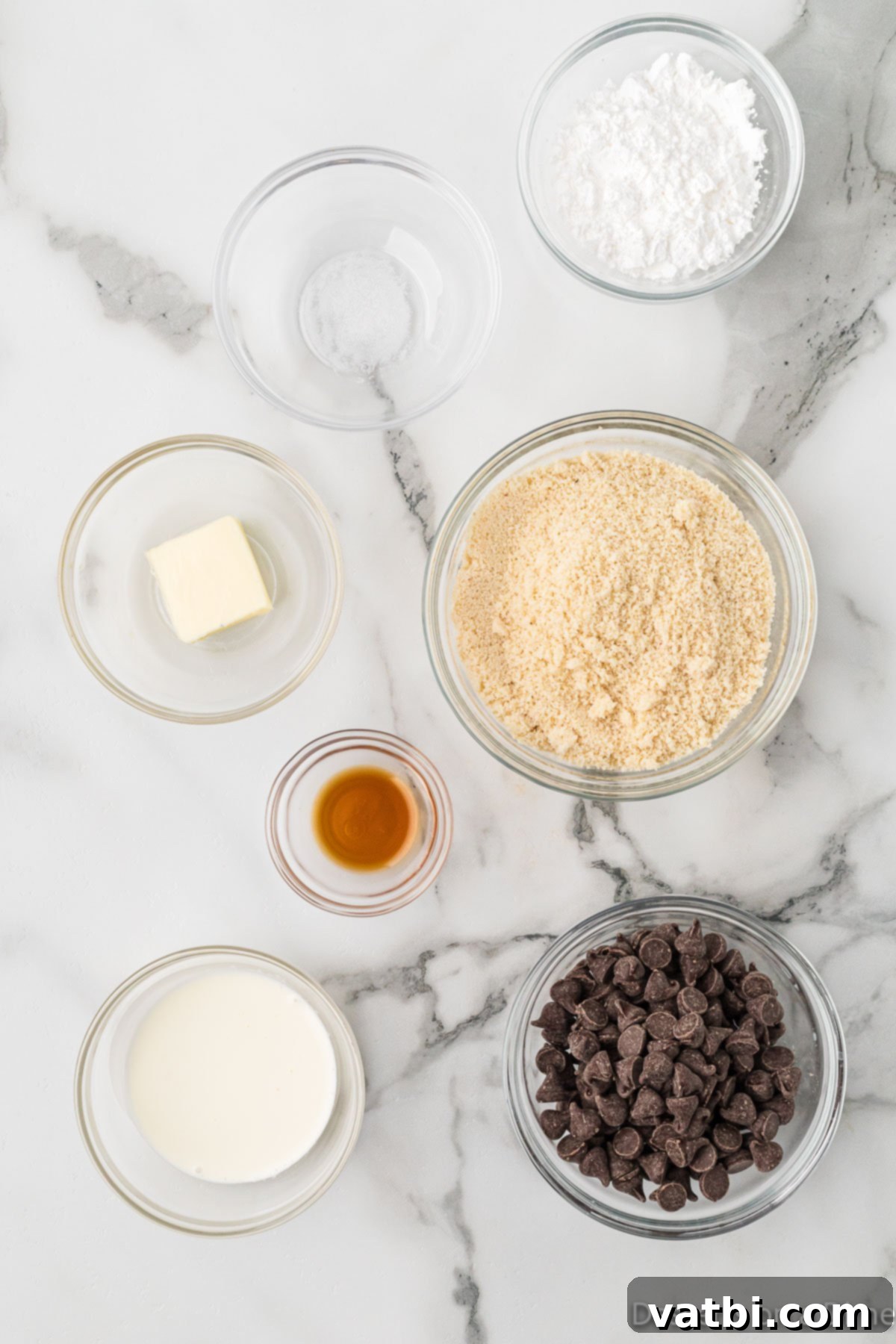 Edible Keto Cookie Dough Delight 3 Ingredients for recipe - almond flour, swerve, unsalted butter, heavy cream, sugar free chocolate chips.