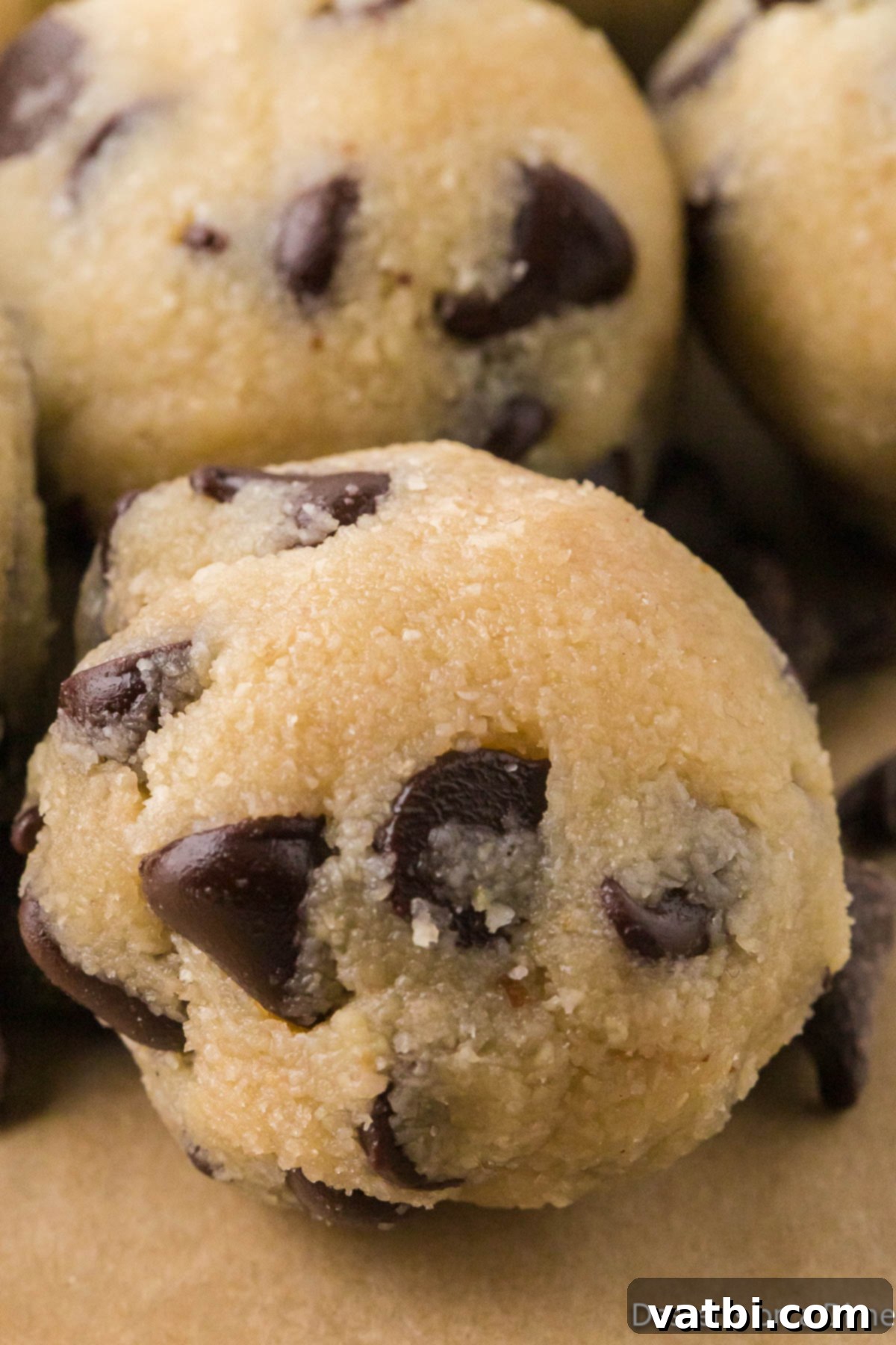 Edible Keto Cookie Dough Delight 8 Up close photo of cookie dough balls.