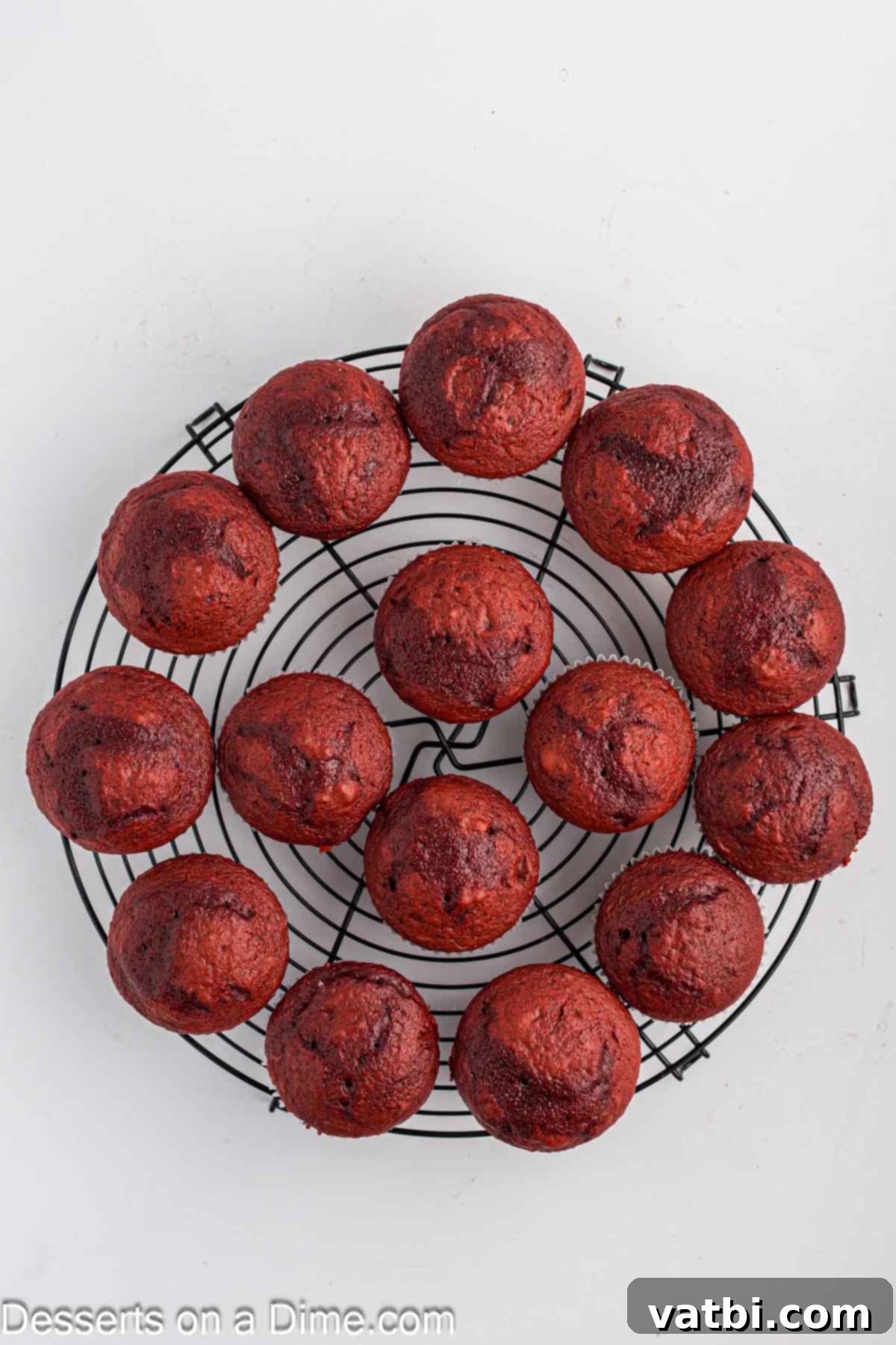 Baked red velvet cupcakes cooling on a wire rack.