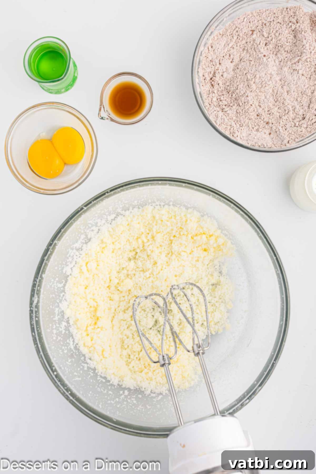 Mixing bowl containing dry ingredients for red velvet cupcakes: cake flour, cocoa powder, baking soda, and salt.