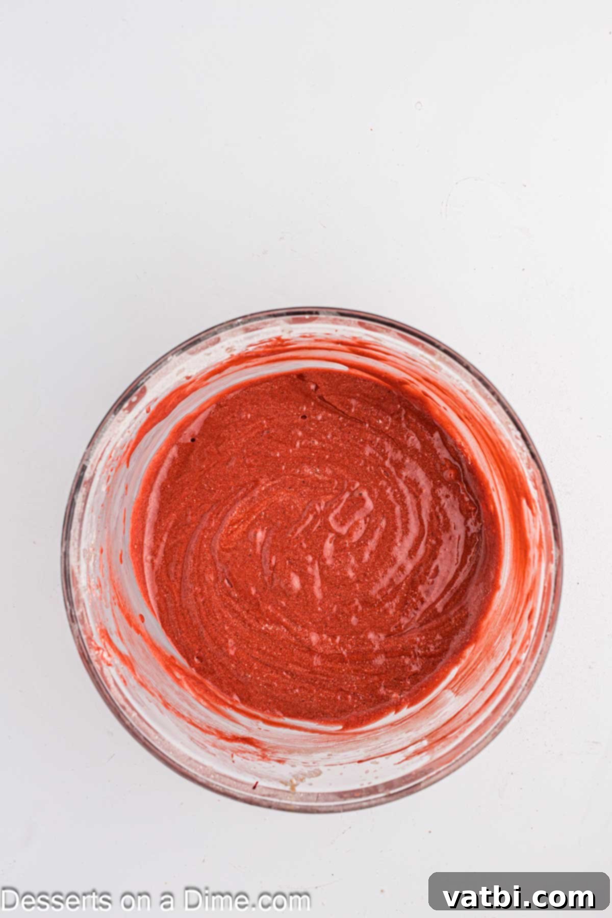 Red food coloring being added to the red velvet cupcake batter.