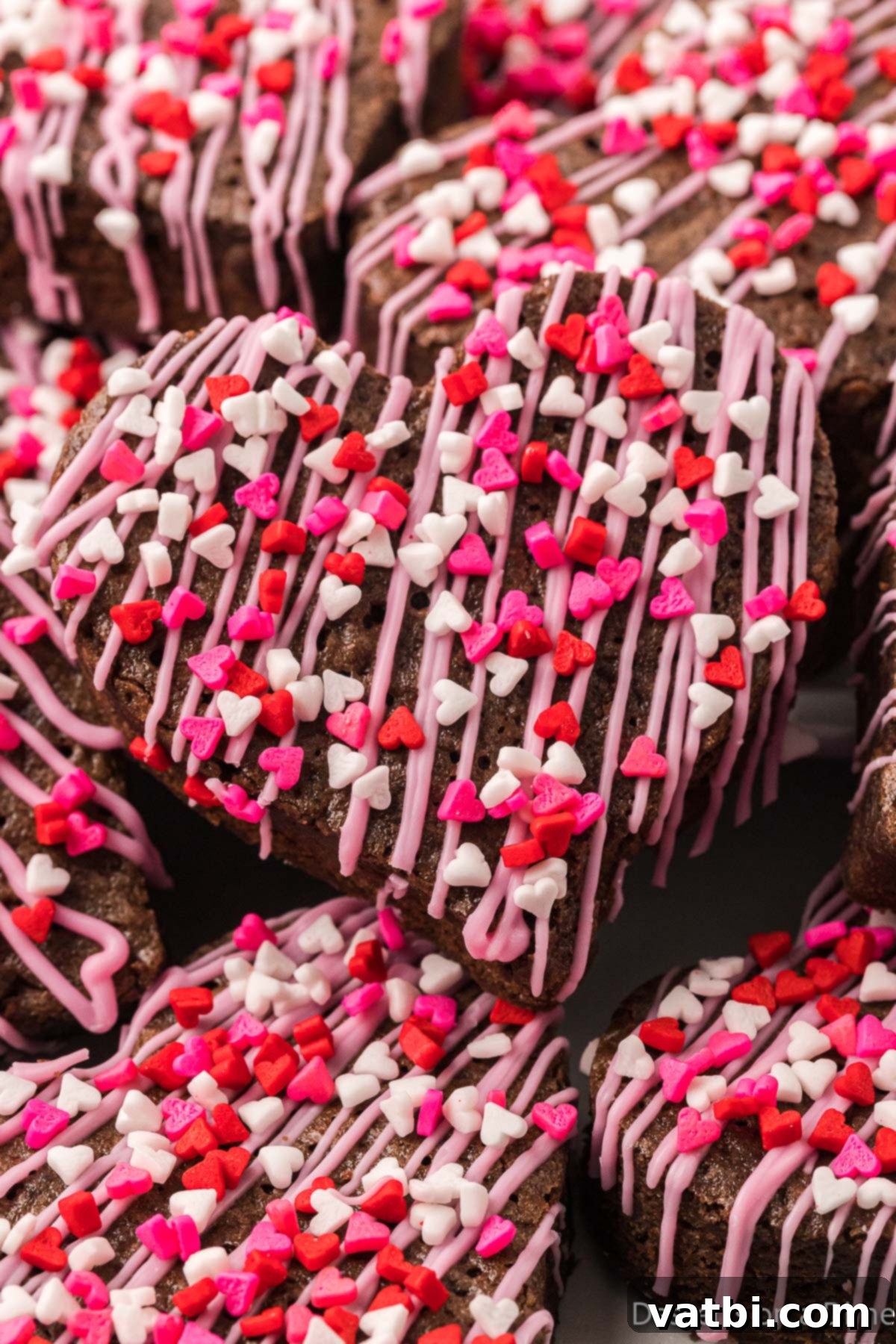 Sweetheart Brownie Delights 11 A stack of several heart-shaped brownies, showing off their rich texture and festive toppings, ready to be enjoyed.