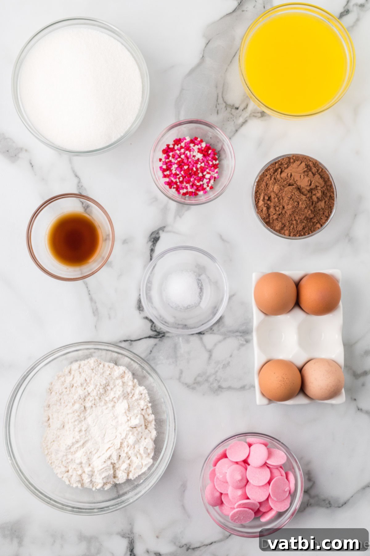 Sweetheart Brownie Delights 3 A collection of brownie ingredients arranged on a rustic wooden surface, including a bowl of melted butter, granulated sugar, eggs, vanilla extract, a bag of unsweetened cocoa powder, a package of pink candy melts, and a container of multi-colored heart sprinkles.