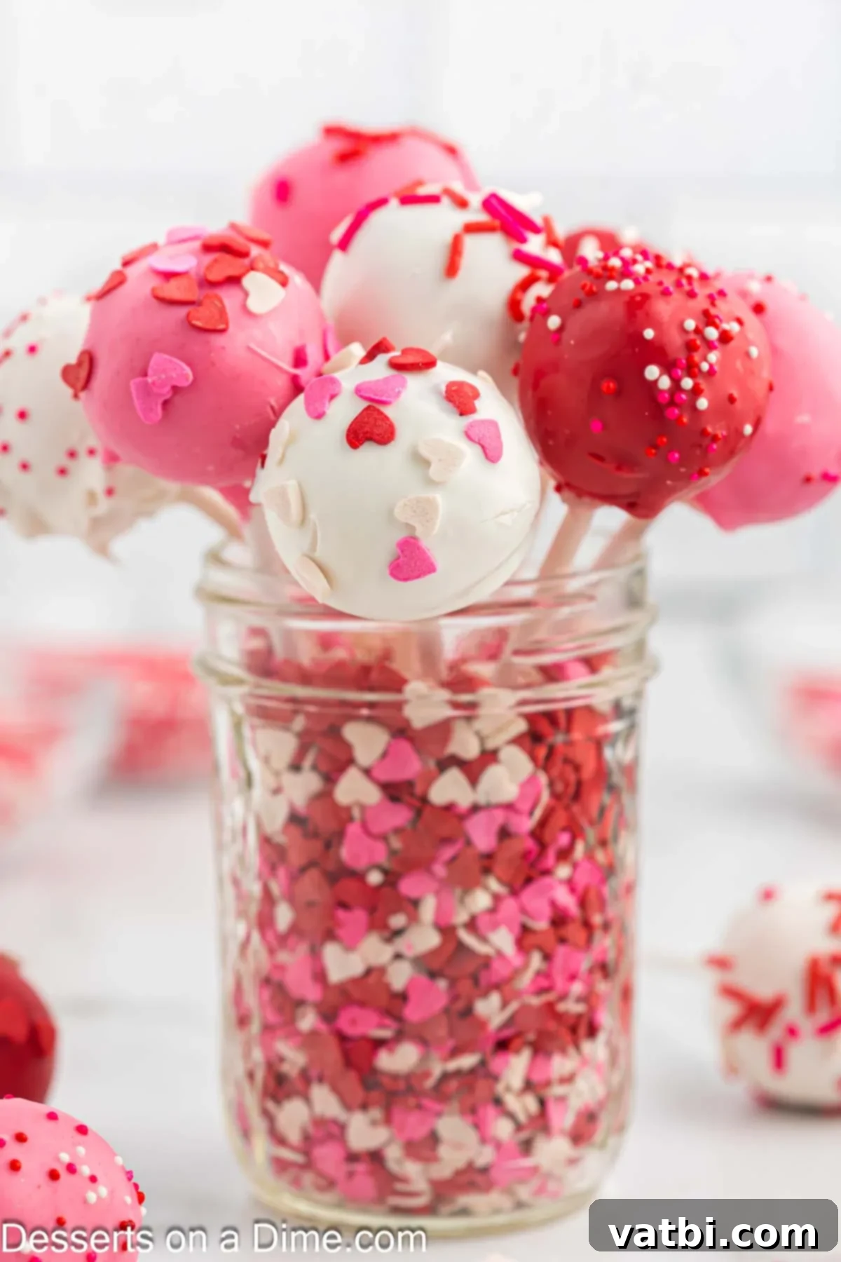 Sweet Valentines Cake Pops 2 Valentine cake pops in glass.