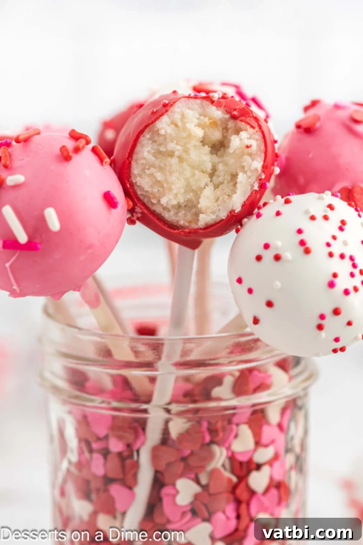 Sweet Valentines Cake Pops 12 Valentine cake pops in glass.