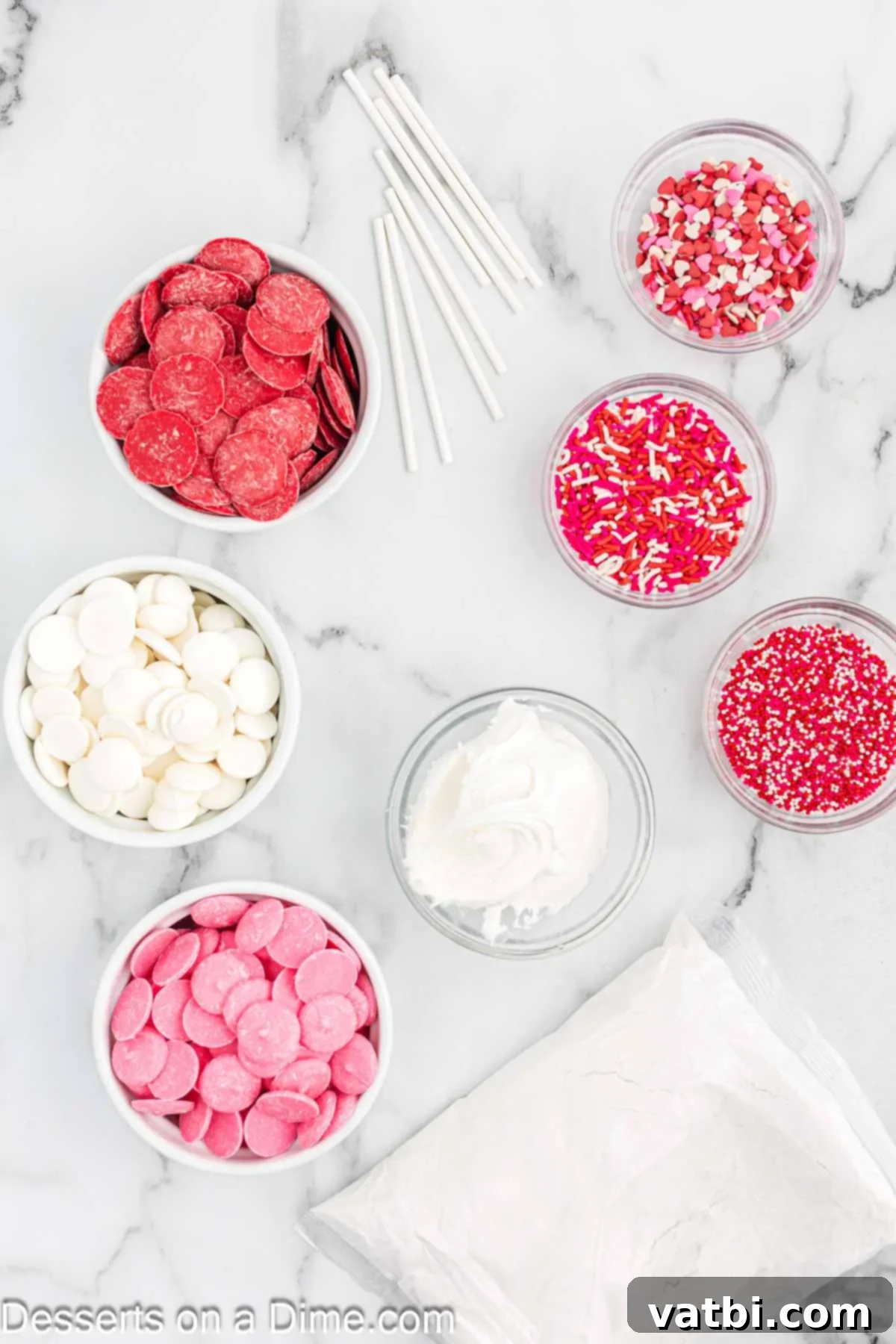 Sweet Valentines Cake Pops 3 Ingredients for recipe - cake mix, frosting, candy melts, sprinkles and lollipop sticks.