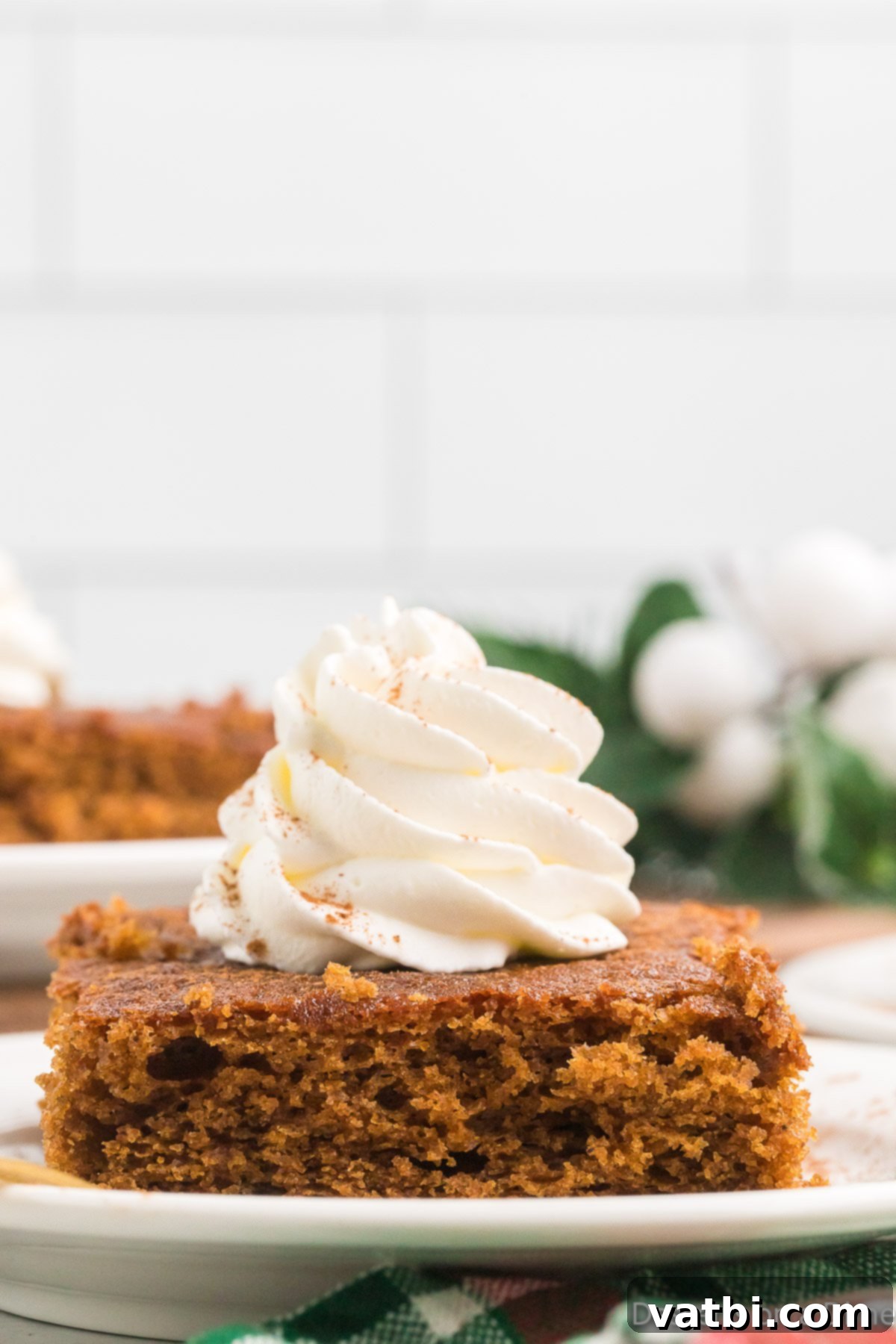 Perfectly Moist and Flavorful Gingerbread Cake Slice of gingerbread cake on a plate topped with whipped cream and powdered sugar